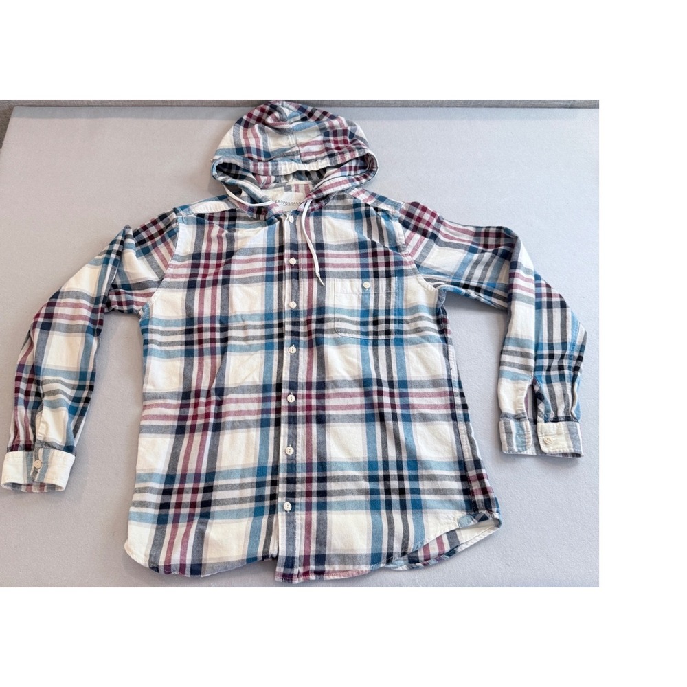 Aeropostale Womens Blue Burgundy Plaid Hooded Flannel Button Down Shirt Medium